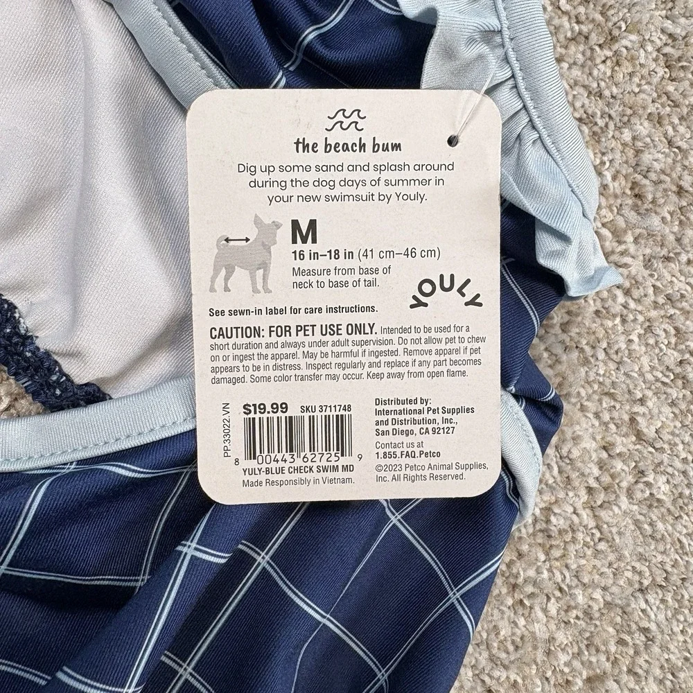 YOULY Dog Bathing Suit Swimsuit‎ Girl Size M Blue Check Ruffles 16-18